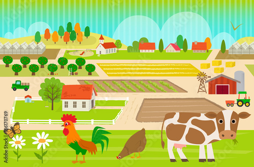 Farmland Pattern - Colorful, farmland pattern with cow, hen and rooster. Eps10