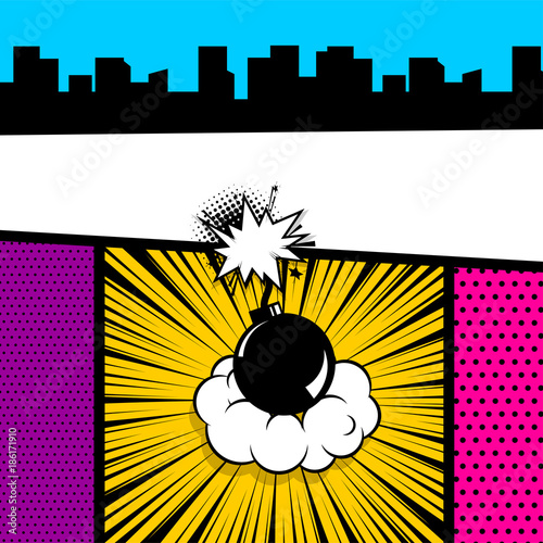 Cartoon funny vintage strip comic city view. Pop art comics book magazine cover template.Text speech bubble balloon, box message, burst bomb. Vector colored halftone illustration. Blank humor graphic