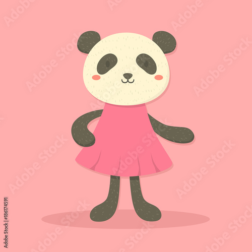 Fototapeta Naklejka Na Ścianę i Meble -  Furry Black White Textured Panda Girl cartoon with pink dress on pink background vector illustration