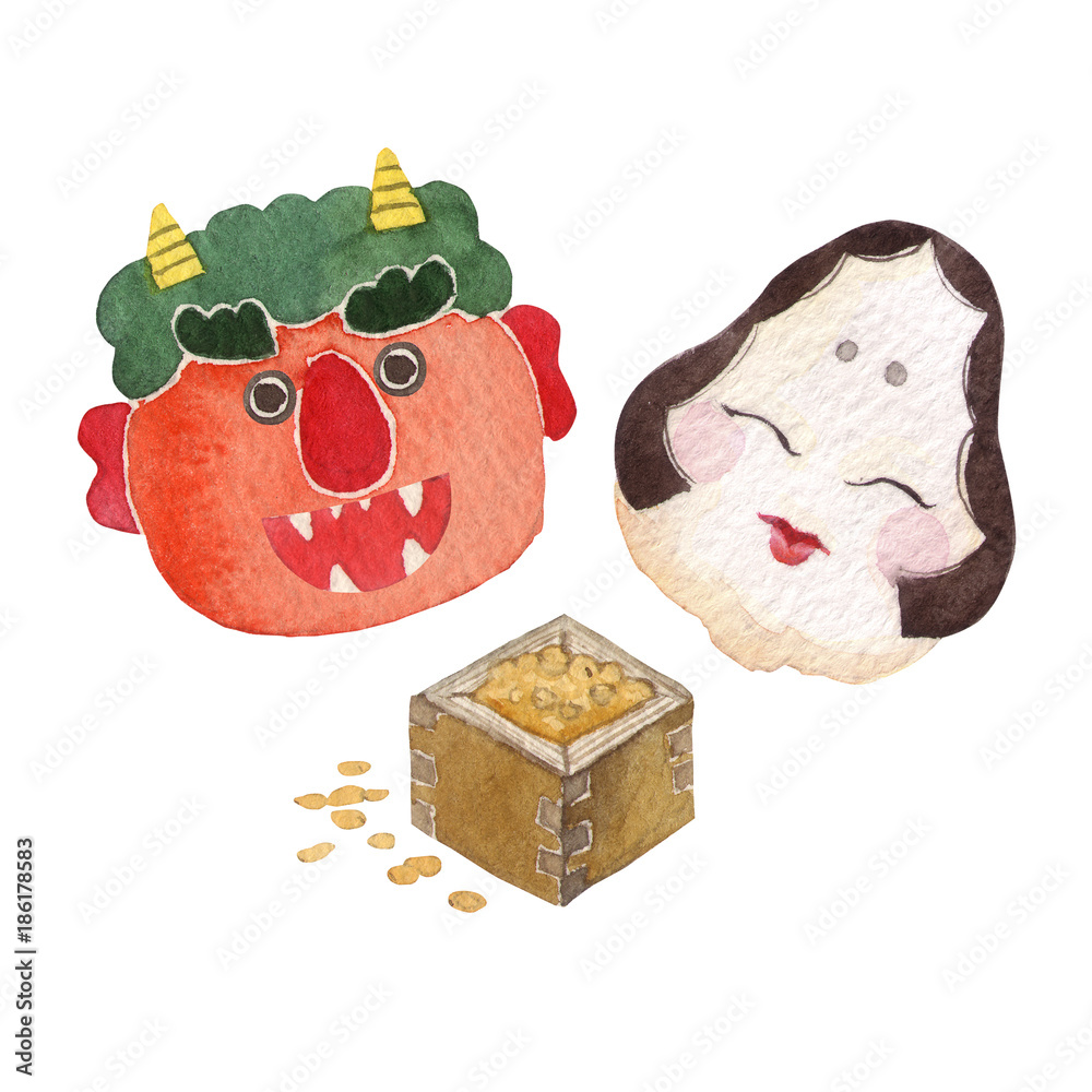 節分鬼おかめ豆まき水彩イラストstock Illustration Adobe Stock