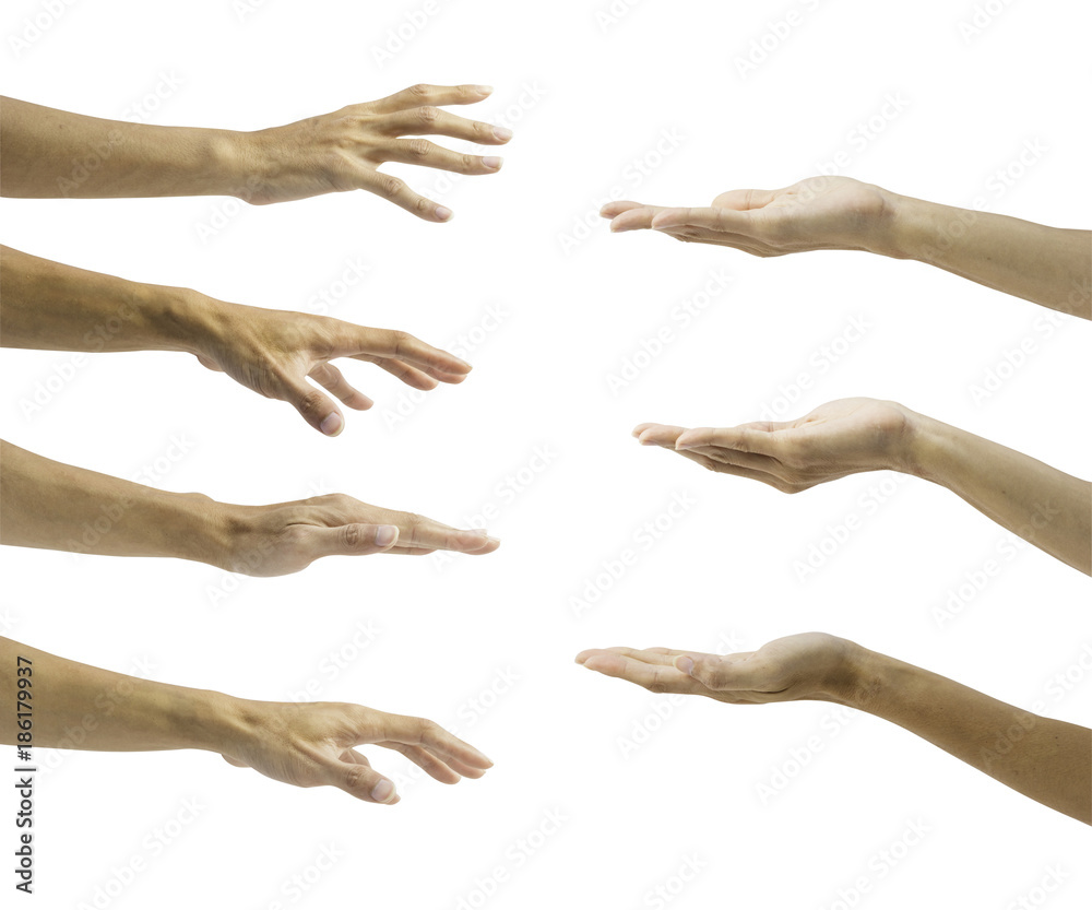 Set of hand gesture isolated on white background with clipping path. Collection 7 in 1 open up palm and reach palm down man hand. Set of hand gesture isolated on white background with clipping path. Collection 7 in 1 open up palm and reach palm down man hand.