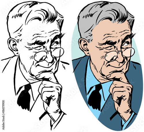 An older man with glasses and a skeptical expression on his face.