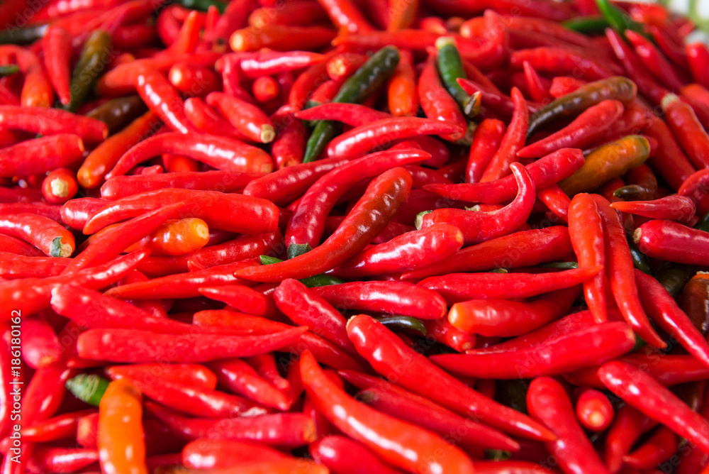 Hot Spicy chilli peppers background, select focus.