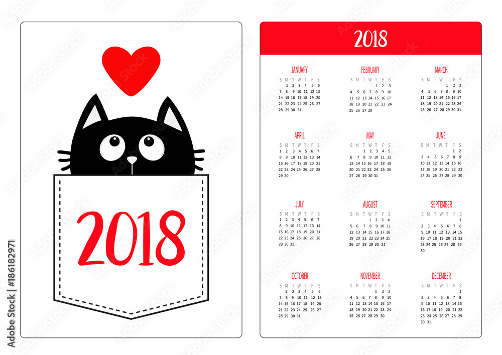 Pocket Calendar 18 Year Week Starts Sunday Black Cat In The Pocket Looking Up To Red Heart Cute Cartoon Character Kawaii Animal Love Flat Design White Background Stock Vector Adobe Stock