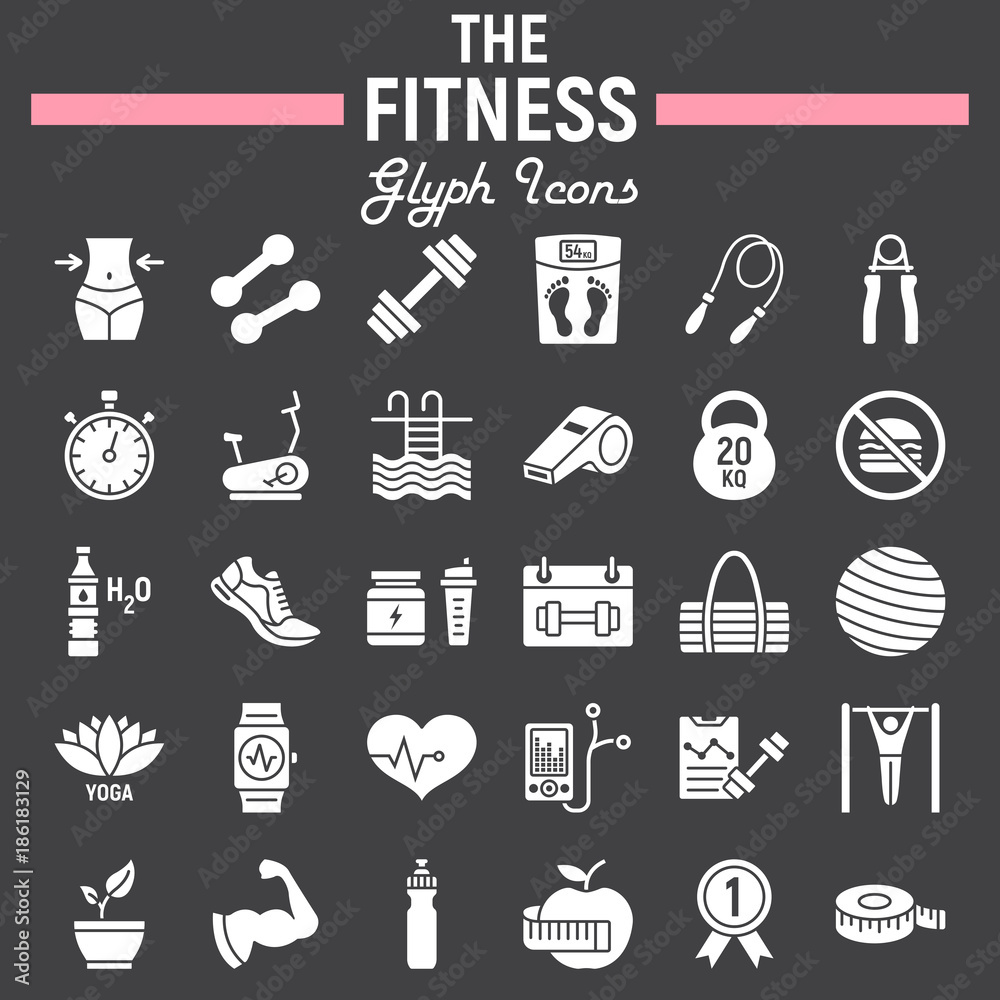 Fitness glyph icon set, sport symbols collection Fitness glyph icon set, sport symbols collection