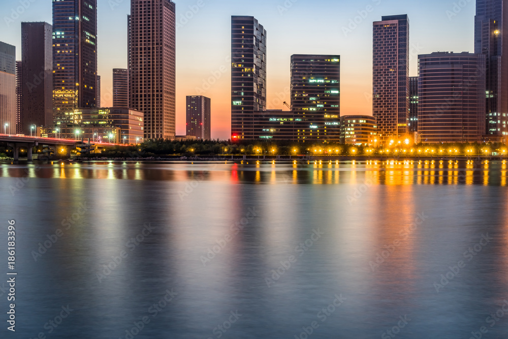 Obraz premium night view of urban skyline and modern buildings, cityscape of China