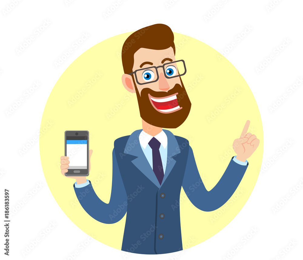 Hipster Businessman holding mobile phone and pointing up