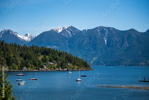view of Vancouver Island with green forest and snow covered mountains