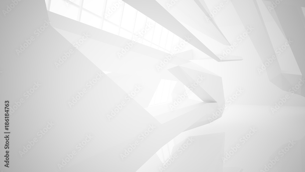 Abstract white interior multilevel public space with window. 3D illustration and rendering.