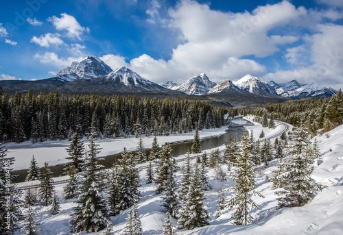 Canadian Rockies train and snowy mountan view in Winter
