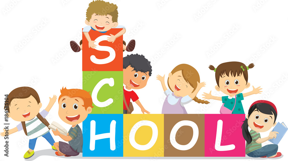 Happy school kids with blocks. back to school concept Happy school kids with blocks. back to school concept