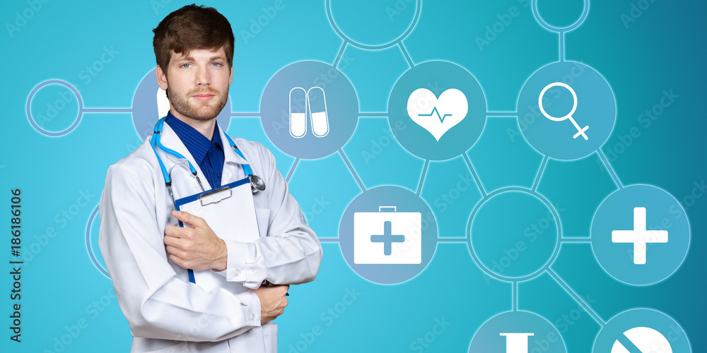 Young confident doctor man in medical gown Young confident doctor man in medical gown