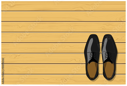 Top view of black leather men's shoes on wooden background, vector illustration