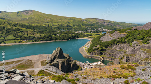 View from Dinorwic Quarry, Gwynedd, Wales, UK - with Llyn Peris, the Dinorwig Power Station Facilities and Llanberis in the background photo