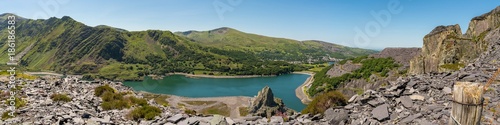 View from Dinorwic Quarry, Gwynedd, Wales, UK - with Llyn Peris, the Dinorwig Power Station Facilities and Llanberis in the background