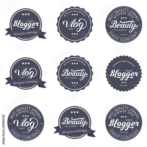 Collection of Badges Video Blogger,  Beauty, Vlog Video with Hand Drawn Lettering Isolated in White Background. Set of Black Logo Emblems Vector Illustration. Can be used for Logotype, Branding.