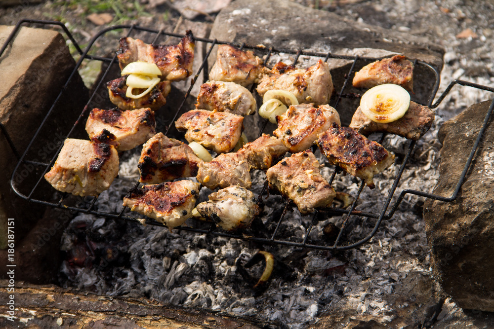 Pork meat roasting on the grill. Meat on the coals, barbeque close up Pork meat roasting on the grill. Meat on the coals, barbeque close up