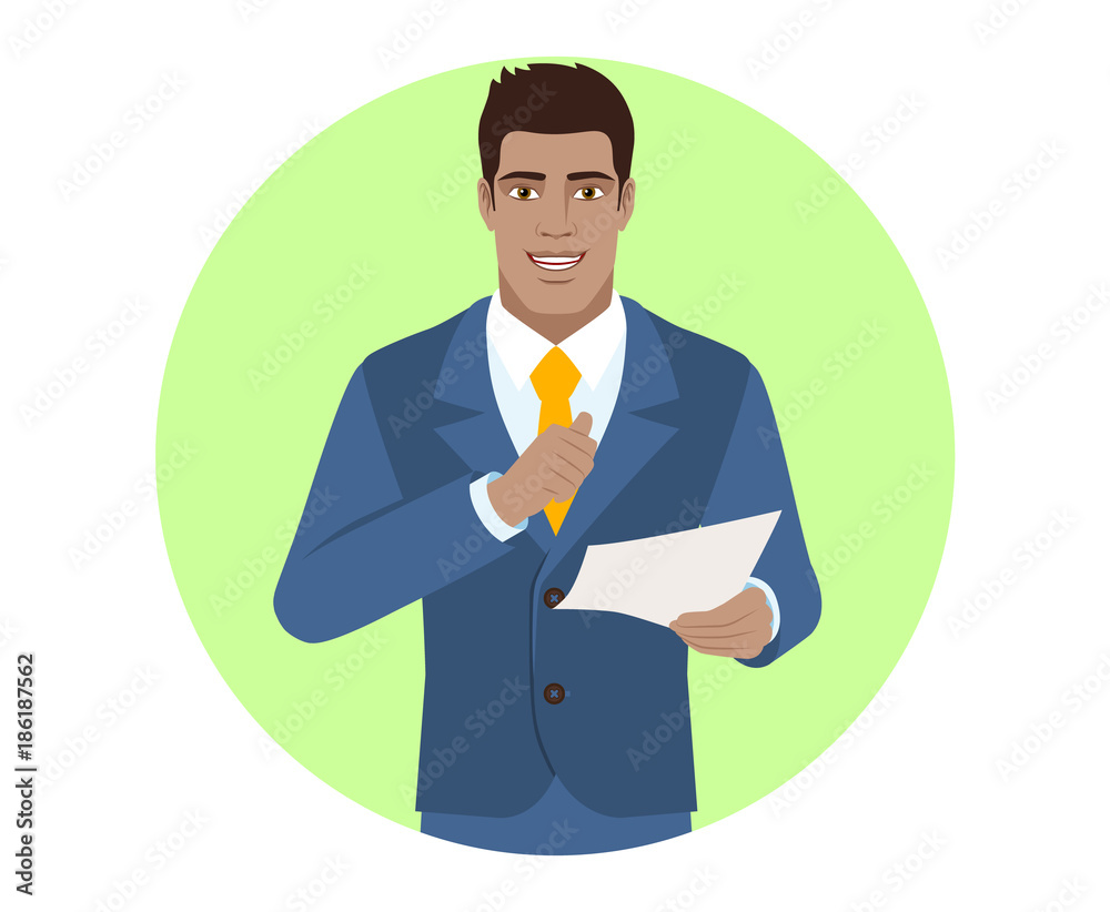 Businessman pointing at himself and holding the paper