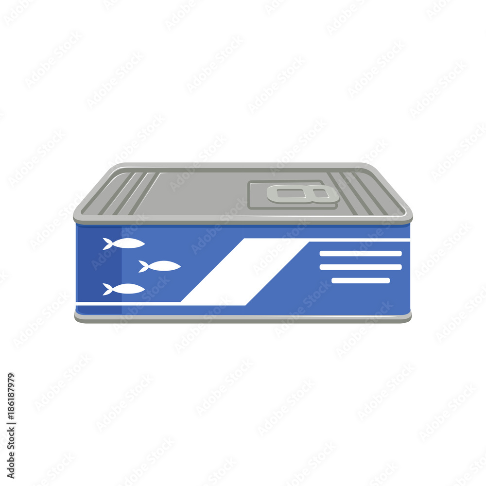 Canned sardines or sprat fish in can with ring-pull. Concept of conserved food. Isolated flat vector design for promo placard, flyer or banner Canned sardines or sprat fish in can with ring-pull. Concept of conserved food. Isolated flat vector design for promo placard, flyer or banner