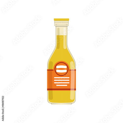 Fresh orange juice or lemonade in glass bottle with red brand label. Organic fruit beverage. Natural vegan nutrition. Flat vector design for promotional banner or flyer