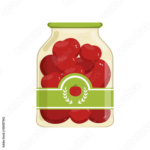 Cartoon glass jar of red marinated tomatoes. Bank with vegetable on brand label. Canned food. Ingredients for cooking. Flat vector design for poster or flyer