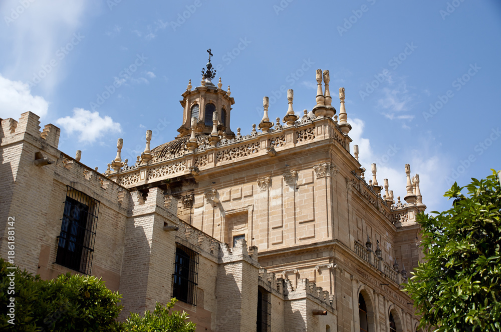 Historic buildings and monuments of Seville, Spain. Spanish architectural styles of Gothic and Mudejar, Baroque