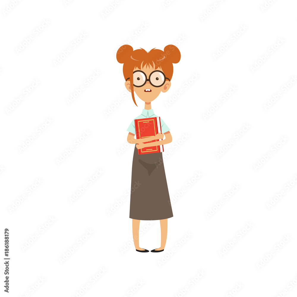 Confused nerd girl standing with book in hands. Cartoon female character  with brown hair in glasses, blouse and long skirt. Smart person. Flat  vector design Stock Vector | Adobe Stock