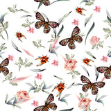 Botanical  vector pattern with hand drawn butterflies and flowers