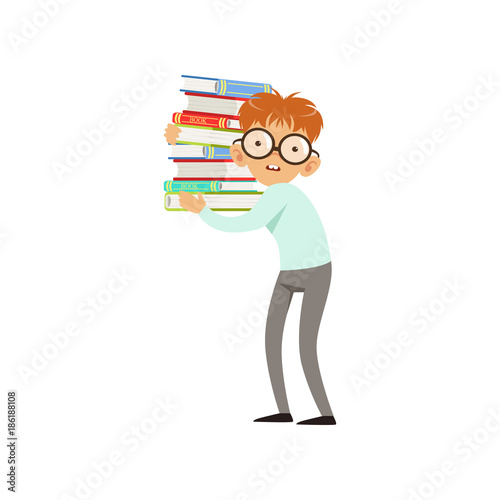 Funny nerd boy carrying stack of books. Cartoon schooler character in glasses, shirt and pants. Smart kid with two large front teeth. Flat vector design