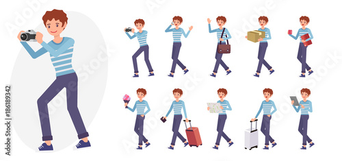 Cartoon character design male man collection in ten different pose and gesture