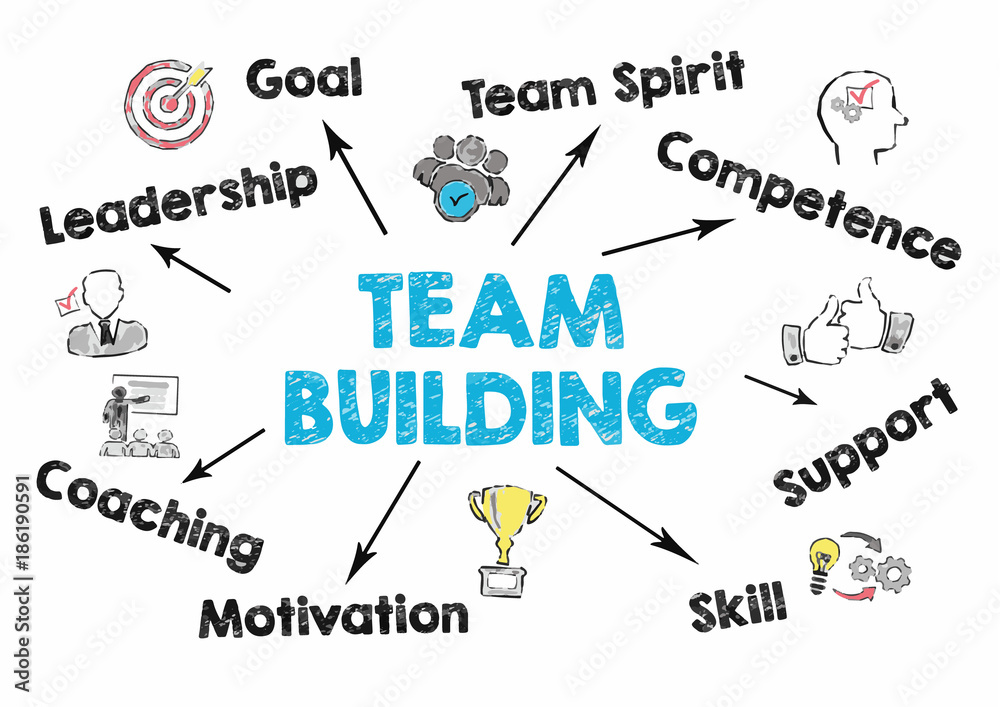 team building Concept. Chart with keywords and icons on gray background.