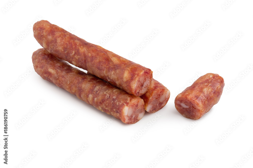 Chinese sausage and chinese sausage sliced for cook isolated on a white background Chinese sausage and chinese sausage sliced for cook isolated on a white background