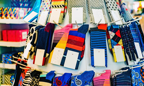 Colorful socks with white labels photo