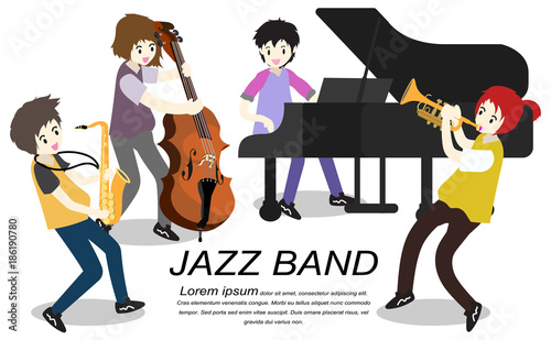 Musicians Jazz band ,Play trumpet,bassist ,Piano,Saxophone .Jazz band.Vector illustration isolated on background in cartoon style