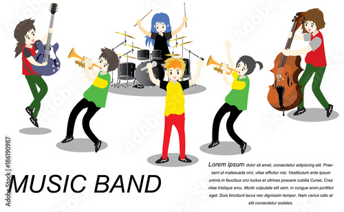 Musicians ska reggae group ,Play guitar,Singer, guitarist, drummer, solo guitarist, bassist, trumpetist. Ska band.Vector illustration isolated on background in cartoon style