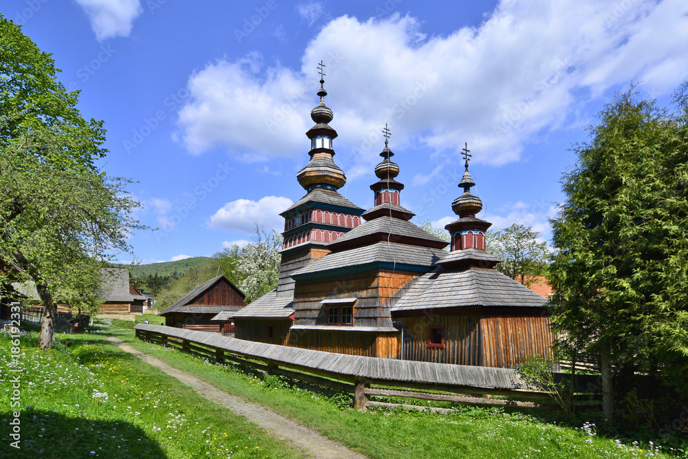 Greek catholic wooden church in open air museum, Bardejovske Kupele, Slovakia