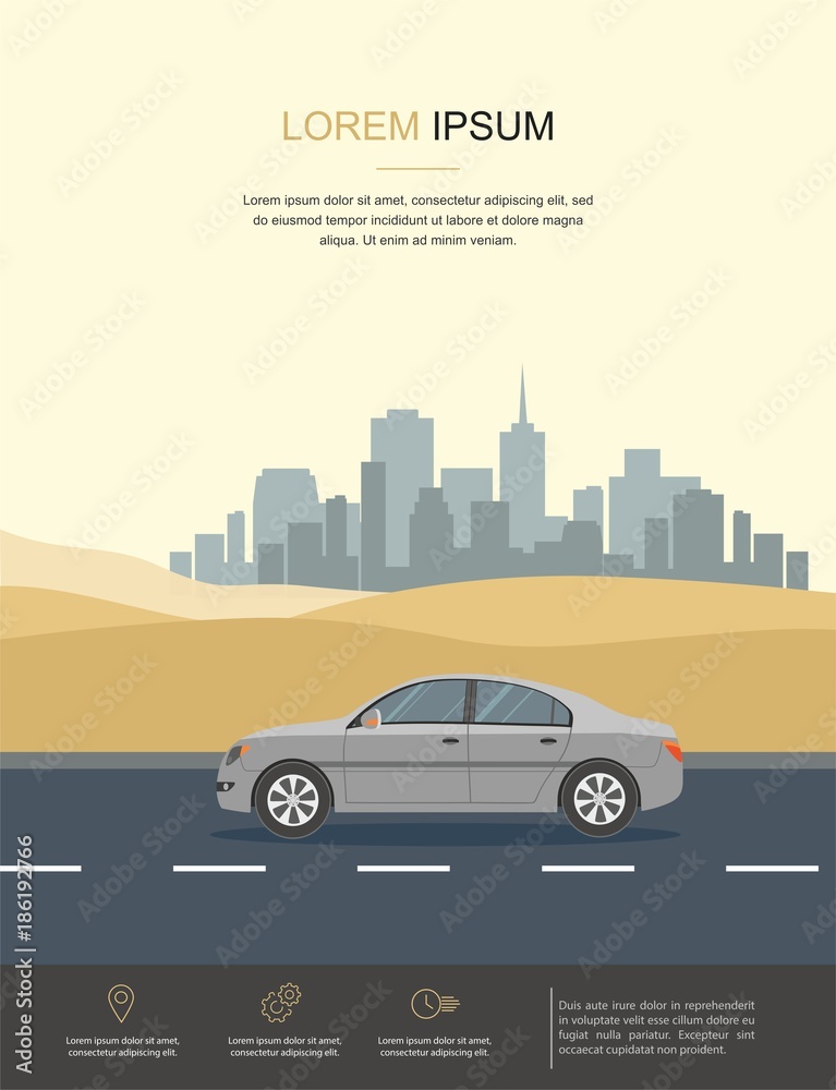 Gray Car Drive on Road in the Desert Vector Flat Illustration