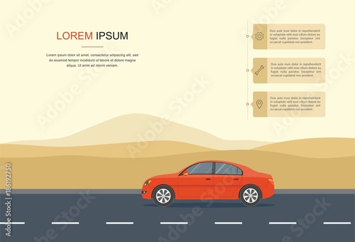 Red Car Driving on a Road in the desert . information, Rental car and Auto leasing banner.	