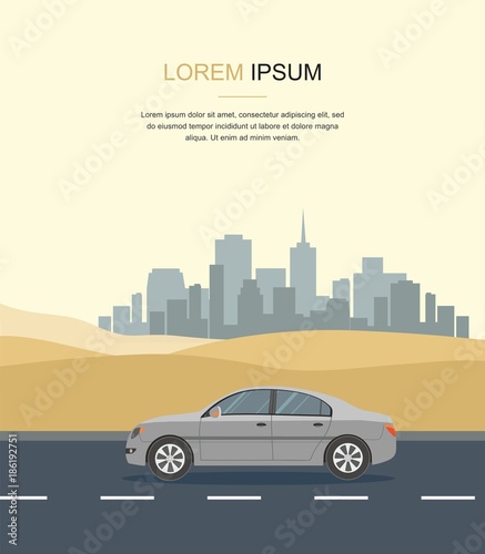 Gray Car Drive on Road  in the  Desert Vector Illustration