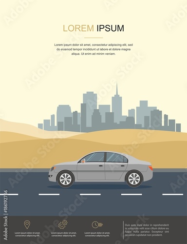 Fototapeta Naklejka Na Ścianę i Meble -  Gray Car Drive on Road in the Desert Vector Flat Illustration