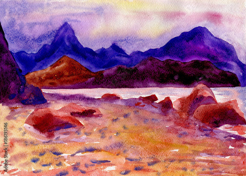   Landscape. Watercolor painting. Mountains, evening © zatelepina