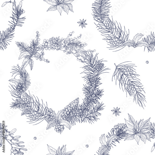 Monochrome seamless pattern with beautiful Christmas wreaths on white background