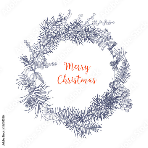 Christmas wreath made of branches and cones of fir and spruce trees, rowan berries, orange slices, holly leaves, star anise hand drawn in monochrome colors with contour lines