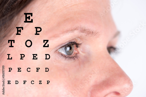 Frau beim Augenarzt mit Buchstaben Tafel photo