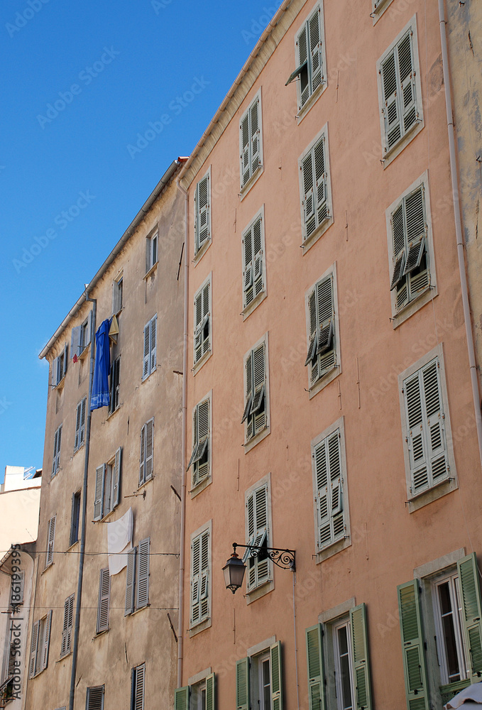 Typical Corsican house facade in Ajaccio town, Corsica island, France