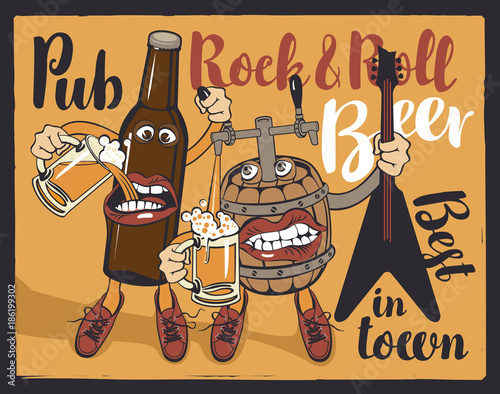 Vector banner for Rock and roll pub with inscriptions pub, rock-n-roll, beer, best in town. Illustration in a flat style with a fun beer bottle and a barrel that hold the guitar and glasses of beer