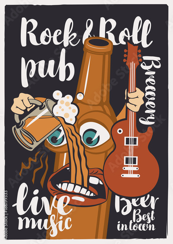 Vector banner for Rock and roll pub with inscriptions brewery, beer, best in town, live music. Illustration in a flat style with a cheerful bottle of beer that holds a guitar and a full glass of beer