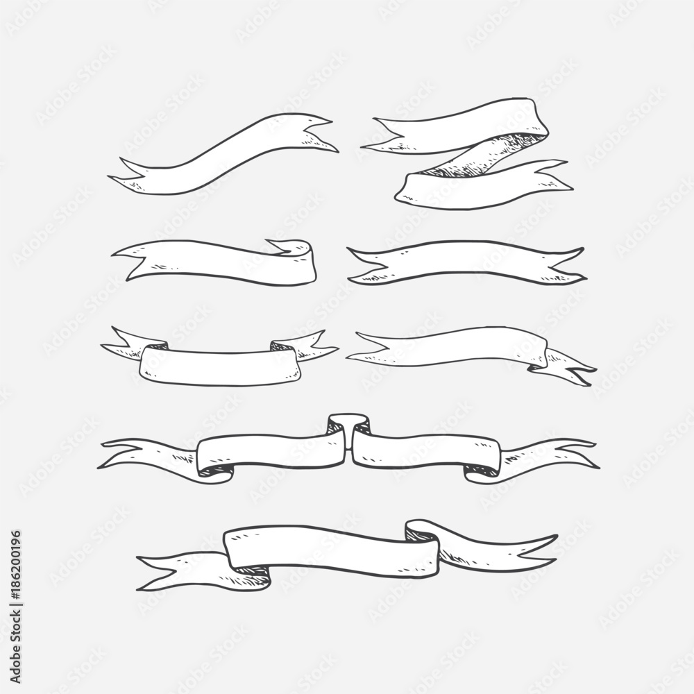 Hand drawn vector illustration of ribbon set. Old vintage banners. Hand drawn vector illustration of ribbon set. Old vintage banners.