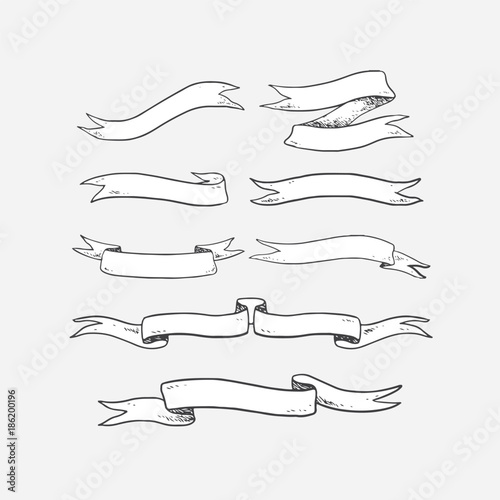 Hand drawn vector illustration of ribbon set. Old vintage banners.