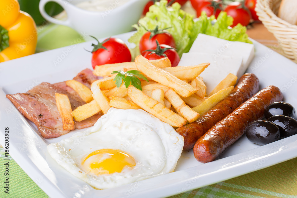 close up of continental breakfast with eggs close up of continental breakfast with eggs